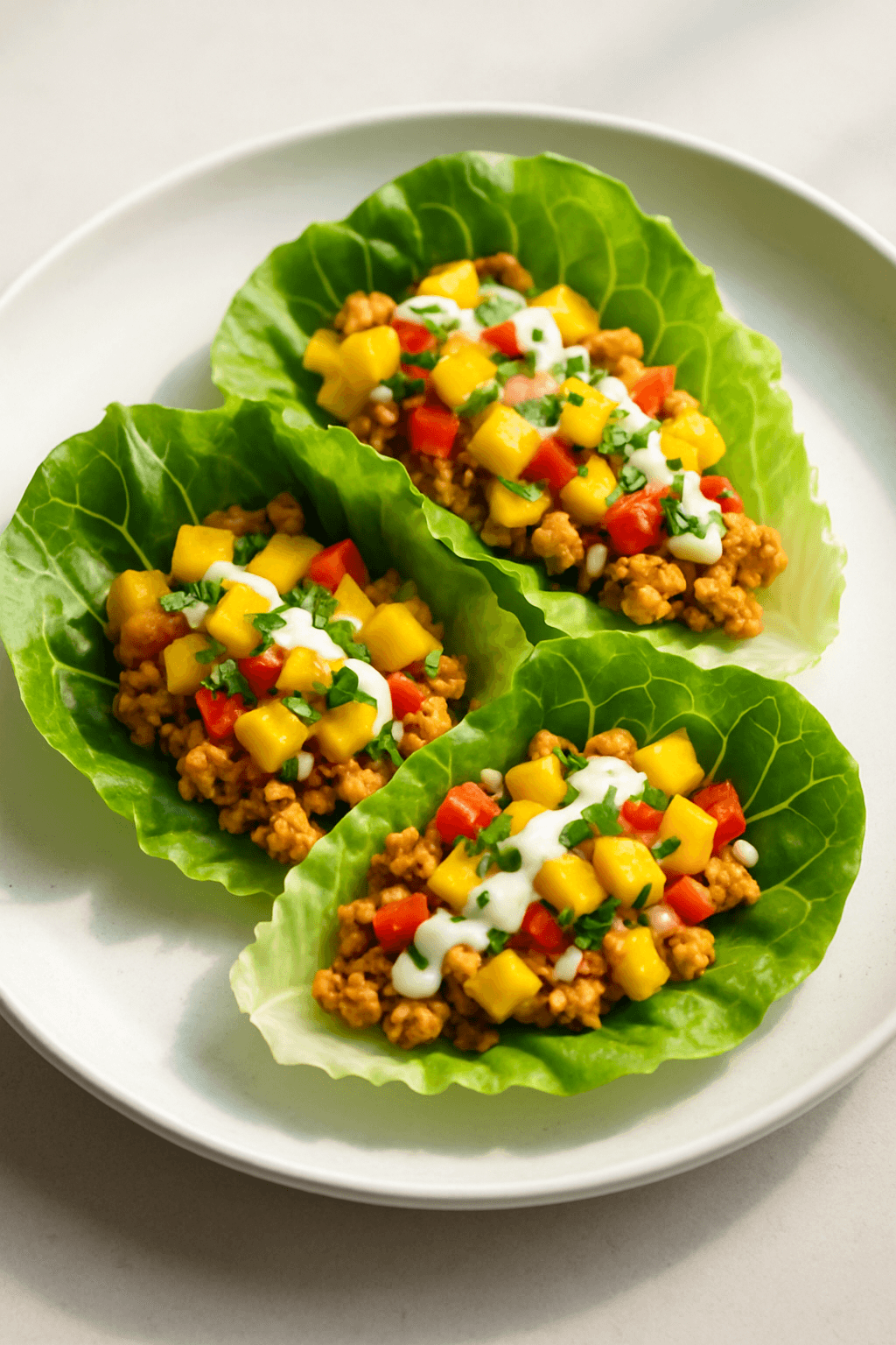 Ground Chicken and Mango Salsa Lettuce Wraps with Coconut Lime Drizzle
