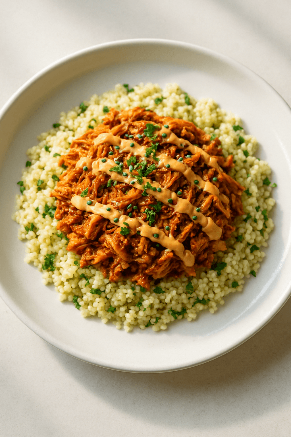 Mediterranean-Asian Fusion Shredded Chicken with Spicy Tahini Drizzle
