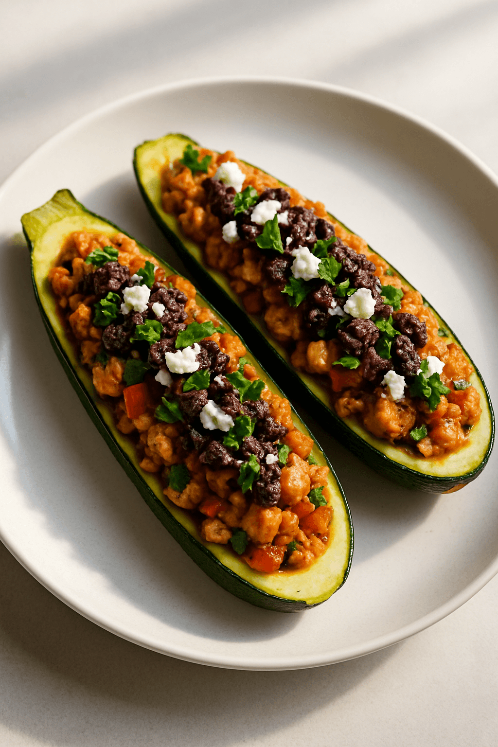 Mediterranean Ground Chicken Zucchini Boats with Feta and Olive Tapenade