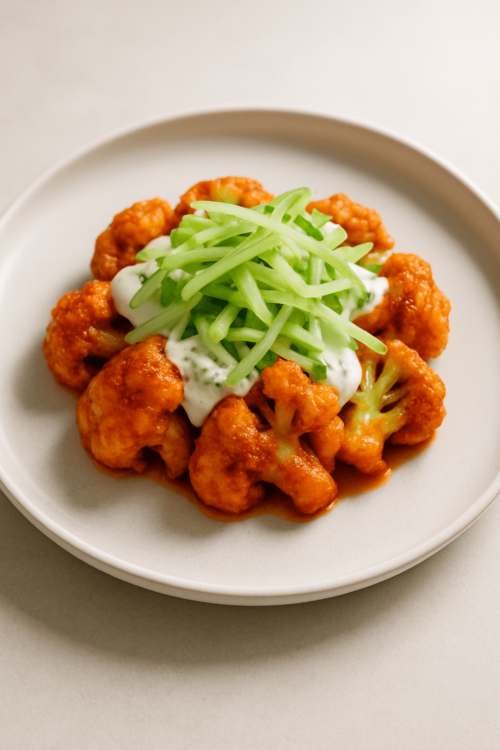 Crispy Buffalo Cauliflower Bites with Blue Cheese Drizzle and Celery Slaw