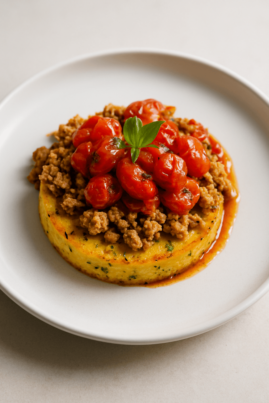 Savory Ground Chicken and Herb-Infused Polenta Cakes with Roasted Tomato Salsa