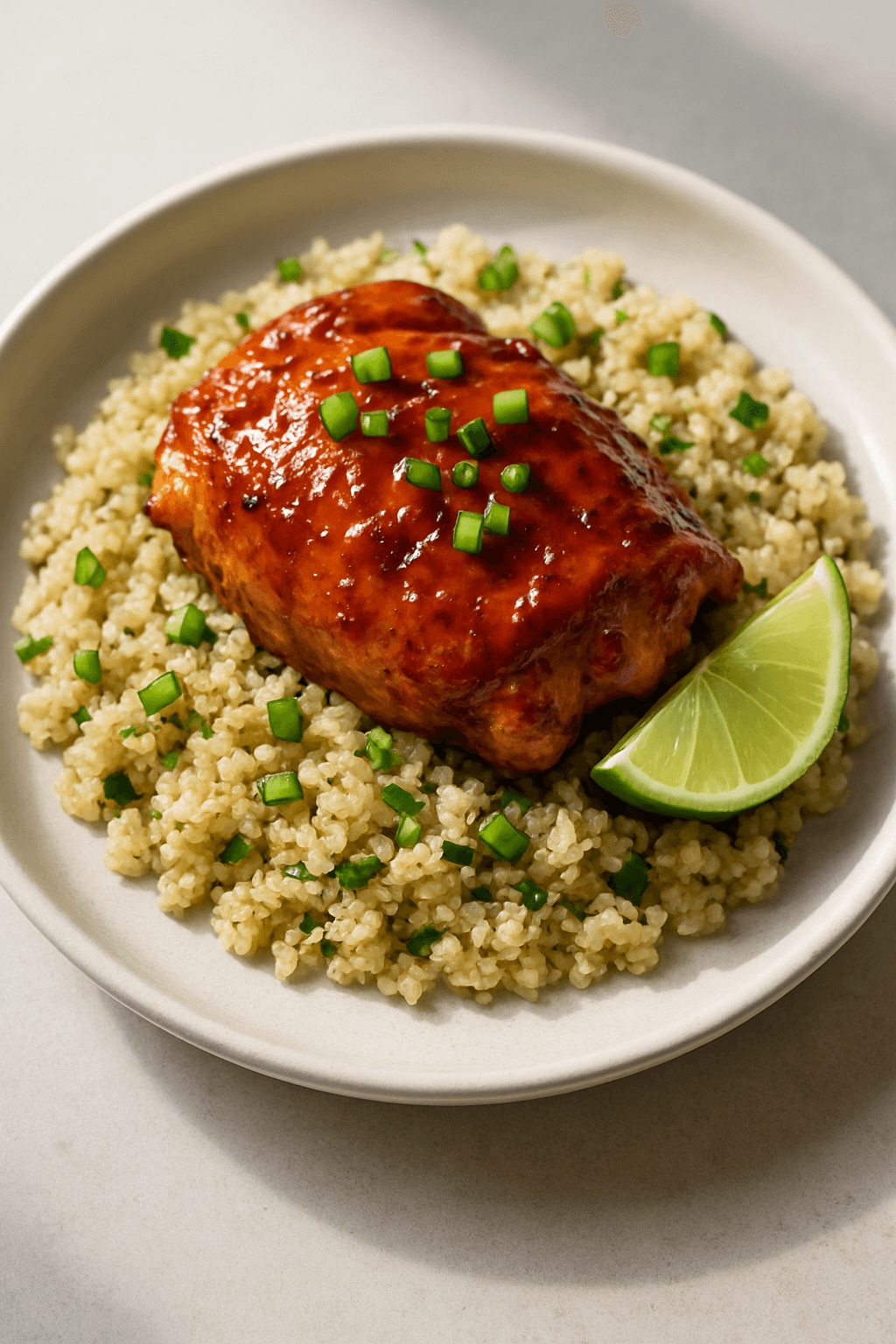 Savory Maple-Sriracha Glazed Baked Chicken with Ginger-Lime Quinoa