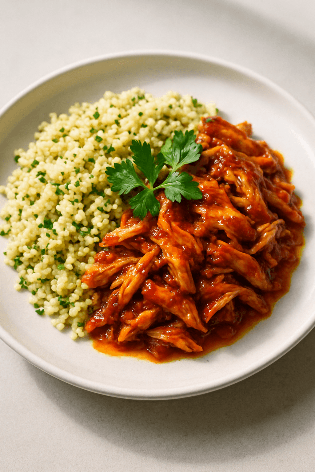 Savory Shredded Chicken with Spiced Apricot-Chili Glaze and Herbed Couscous