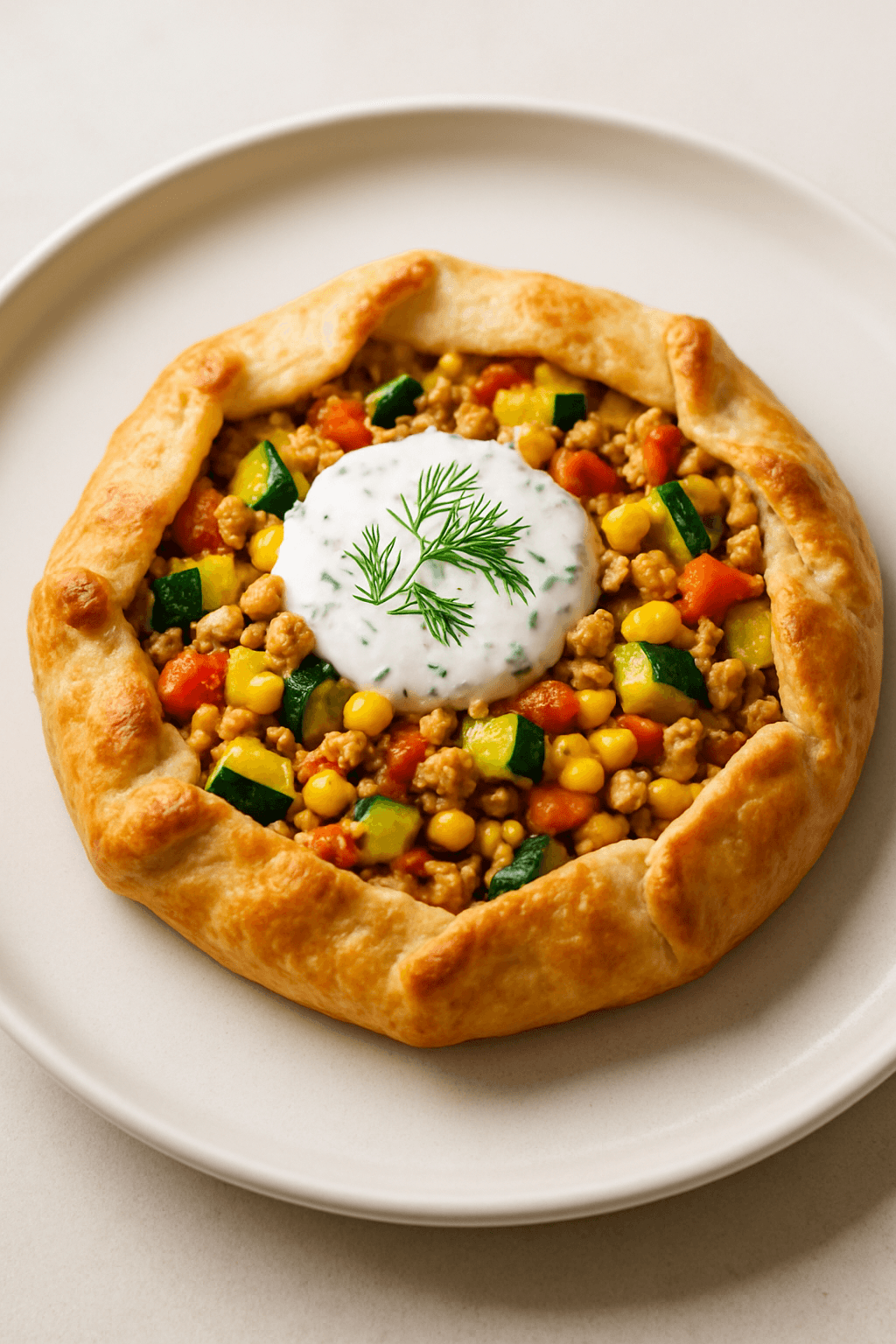 Savory Ground Chicken and Seasonal Vegetable Galette with Herbed Yogurt Sauce
