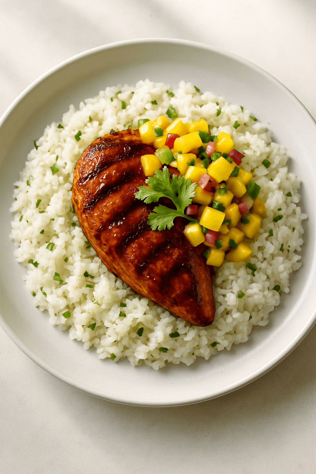 Spicy Tamarind-Glazed Chicken with Coconut-Cilantro Rice and Mango-Pineapple Salsa