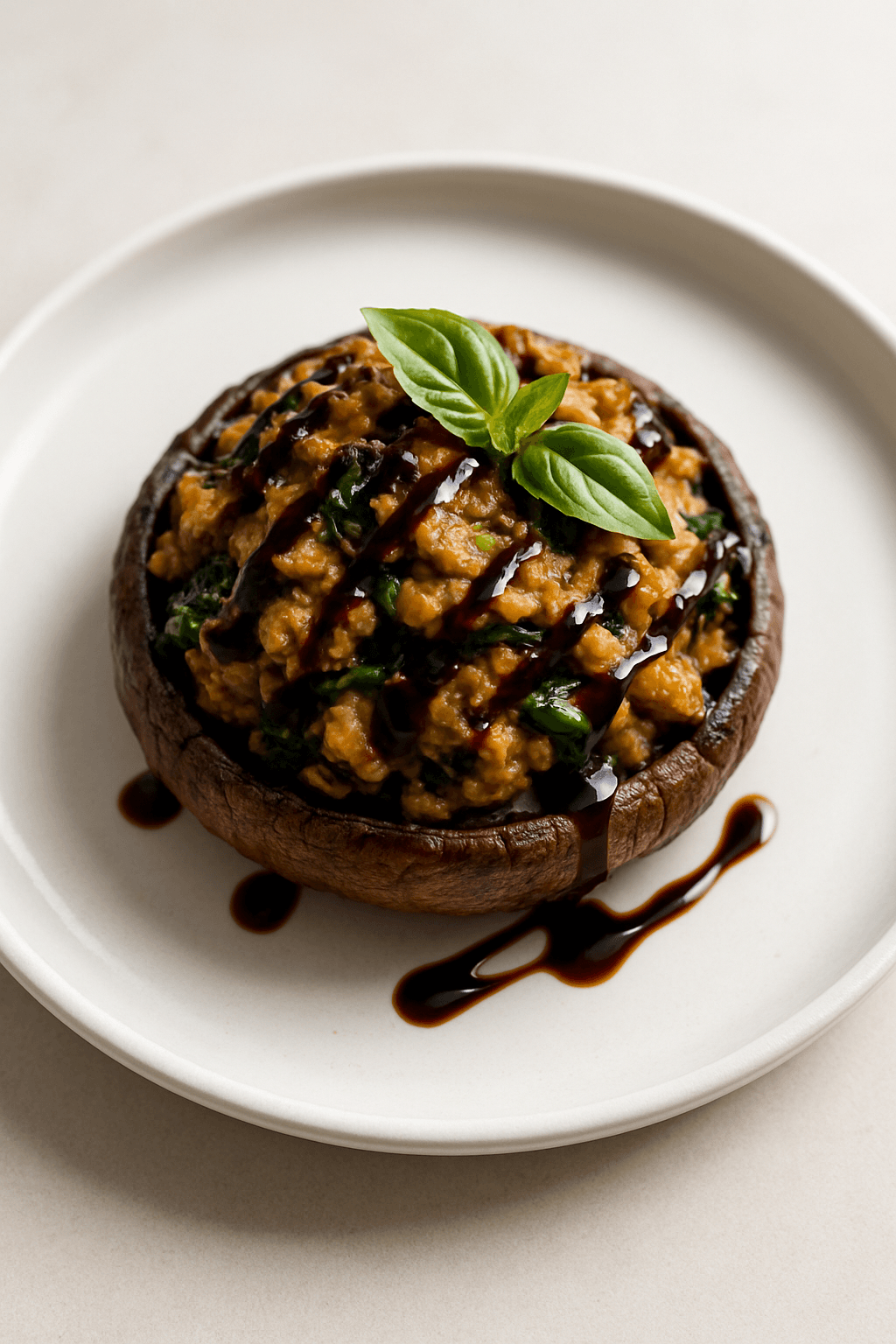 Savory Ground Chicken and Spinach Stuffed Portobello Mushrooms with Balsamic Glaze