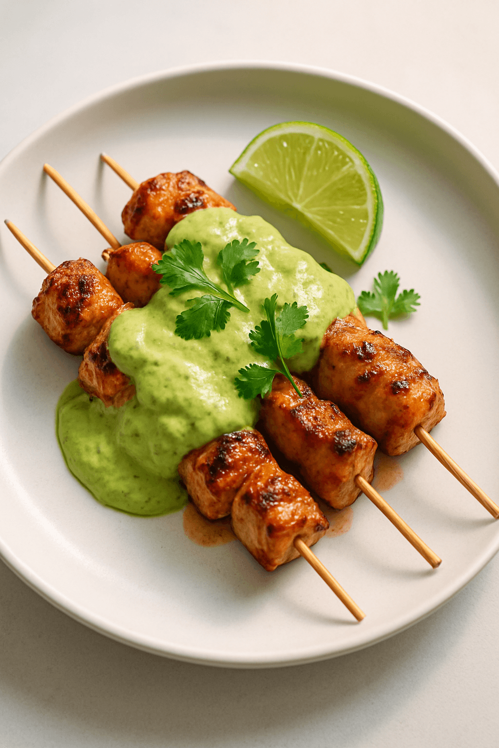 Spicy Maple-Lime Chicken Skewers with Avocado-Cilantro Cream