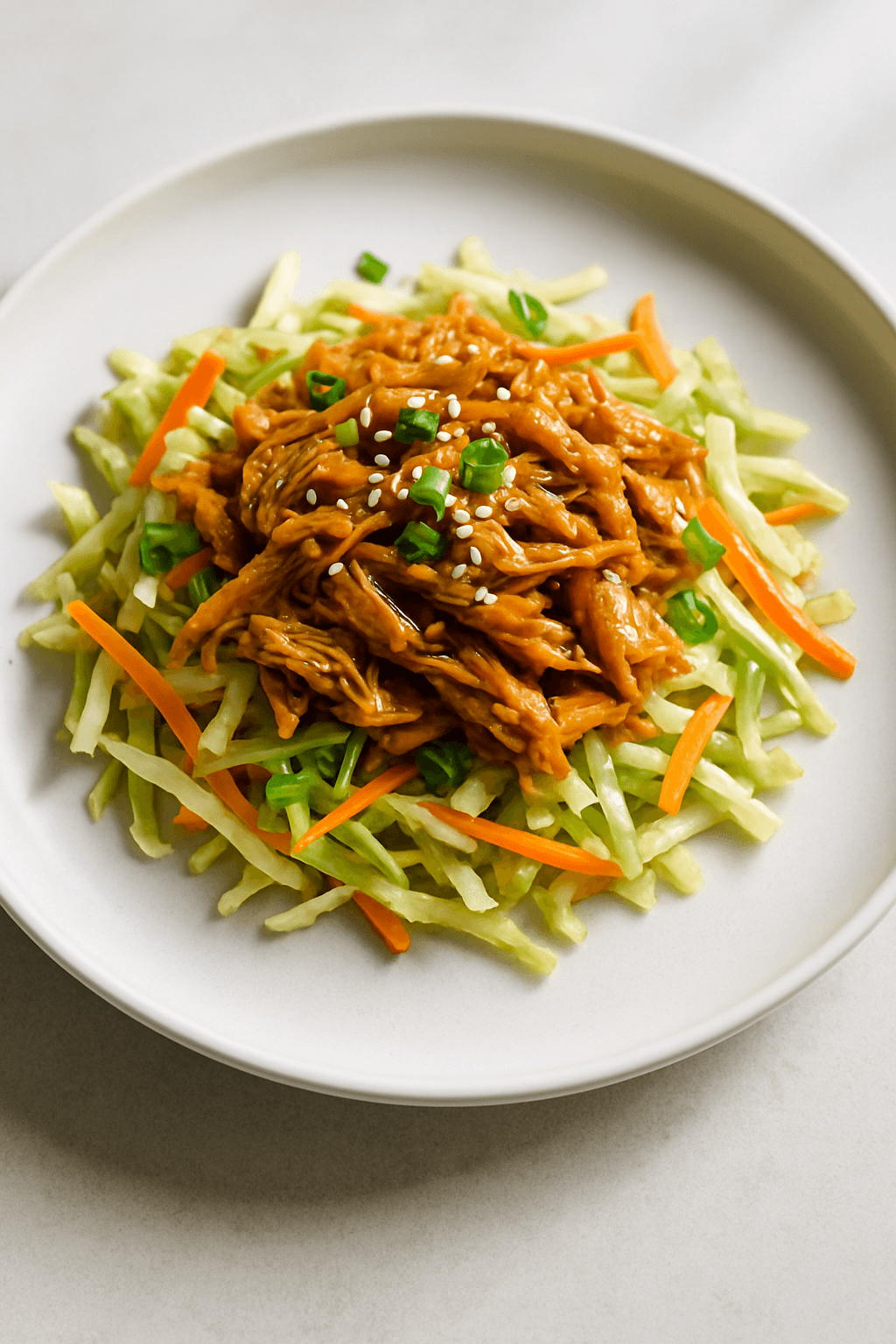 Savory Shredded Chicken with Ginger-Sesame Glaze and Crunchy Cabbage Slaw