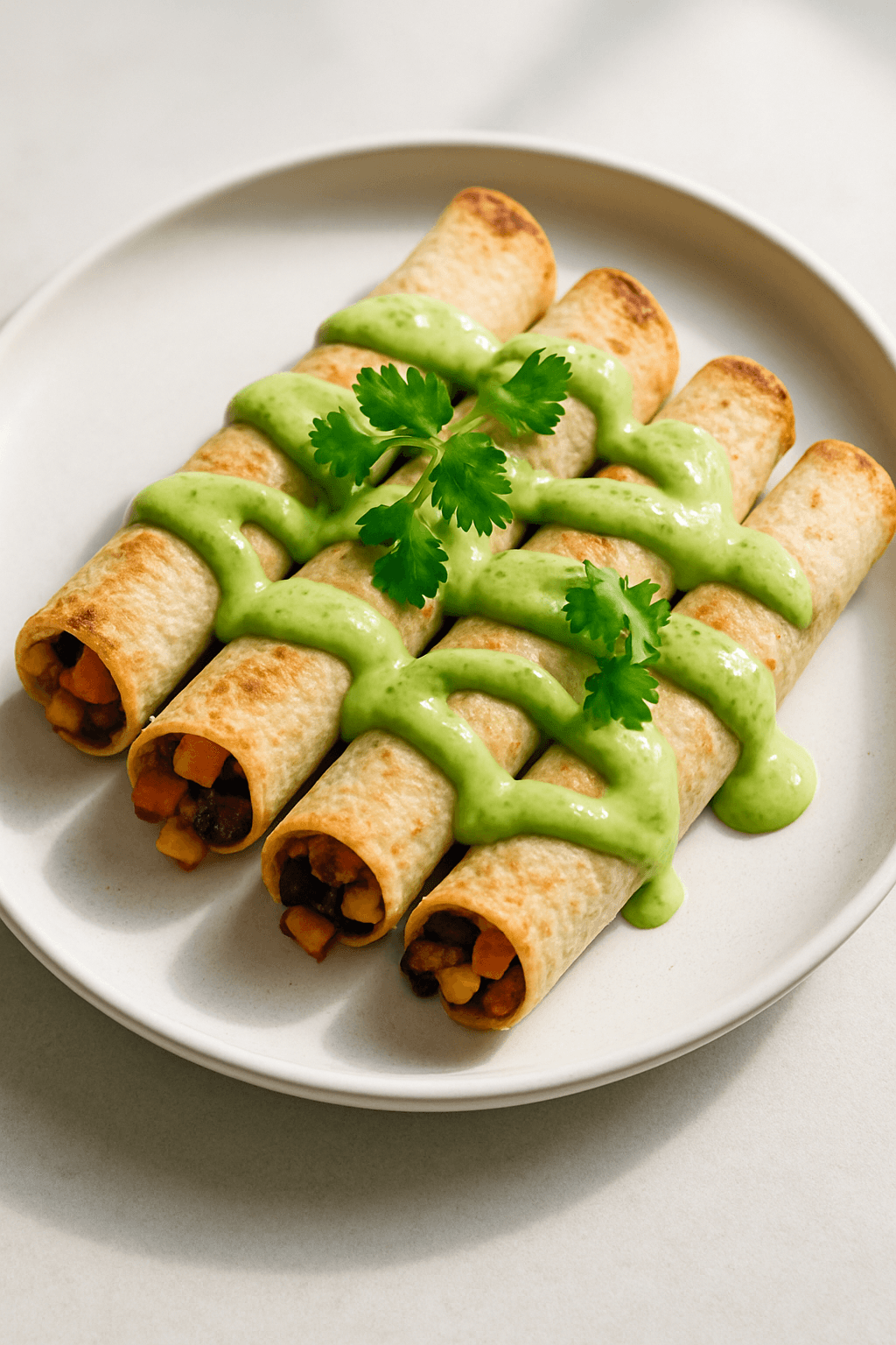 Savory Sweet Potato and Black Bean Taquitos with Avocado Lime Crema