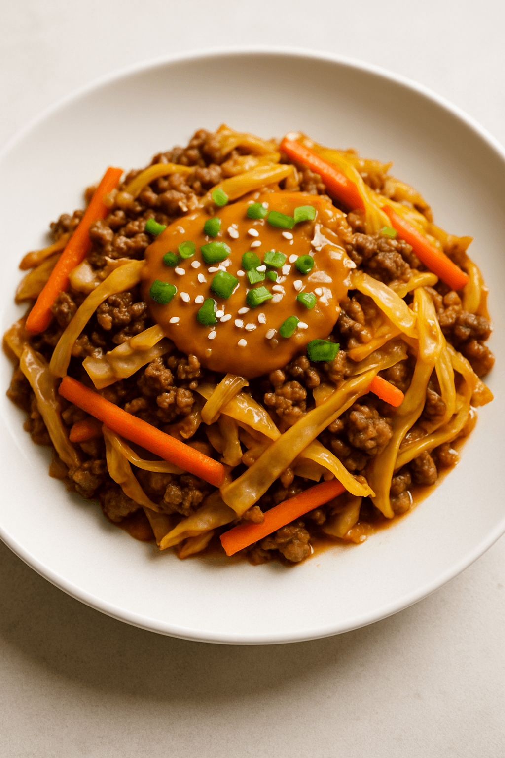 Savory Ground Beef and Cabbage Stir-Fry with Spicy Peanut Sauce