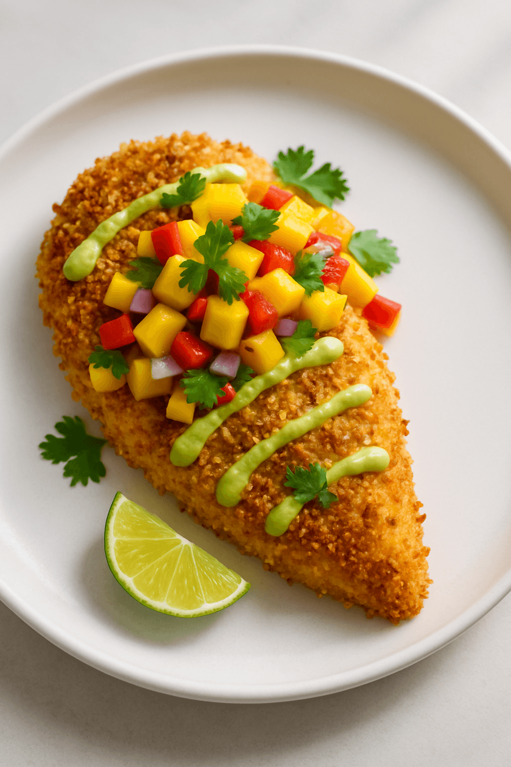 Crispy Coconut-Lime Chicken with Mango Salsa and Spicy Avocado Drizzle