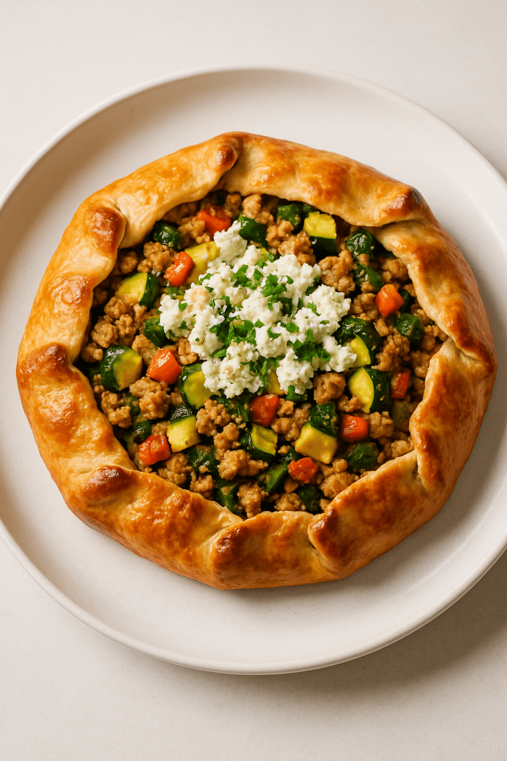 Savory Ground Chicken and Seasonal Vegetable Galette with Herbed Goat Cheese
