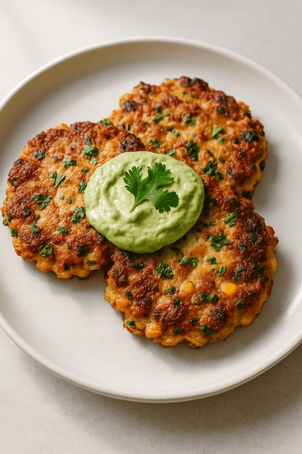 Savory Ground Chicken and Sweet Corn Fritters with Spicy Avocado Cream