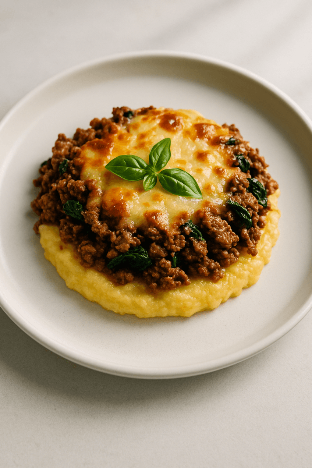 Savory Ground Beef and Creamy Polenta Bake with Roasted Garlic and Spinach