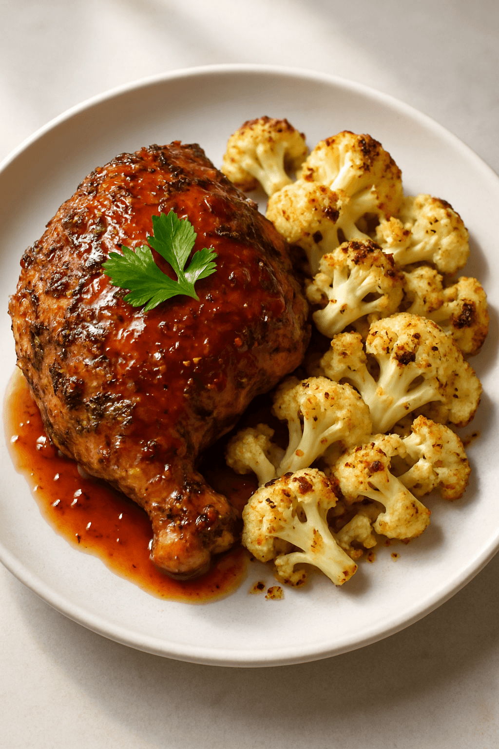 Crispy Herb-Infused Baked Chicken with Spiced Apricot Glaze and Roasted Garlic Cauliflower