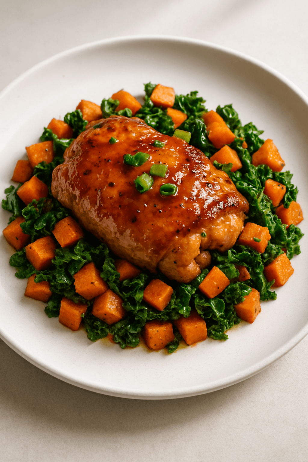 Savory Maple-Ginger Glazed Chicken with Sweet Potato and Kale Hash