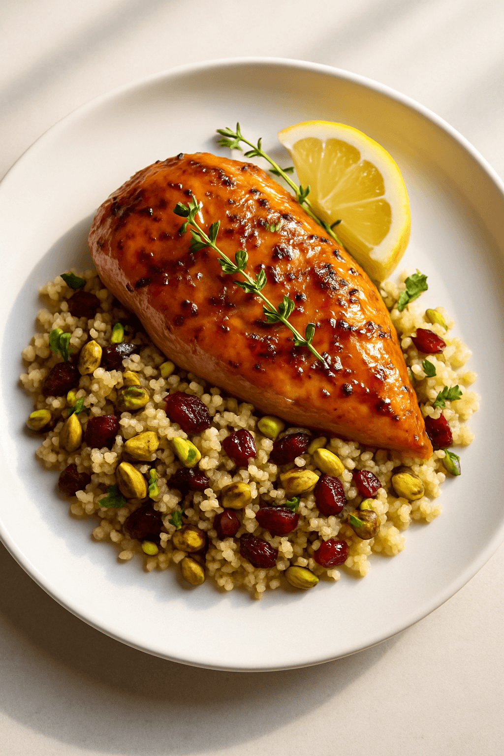 Citrus-Herb Infused Chicken with Lavender Honey Glaze and Pistachio-Cranberry Couscous