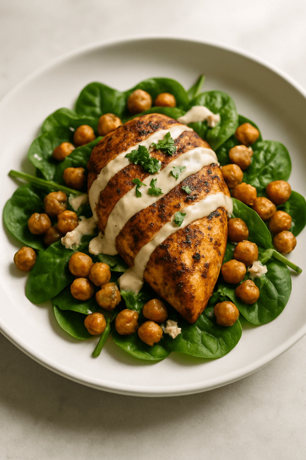 Mediterranean Spiced Chicken with Roasted Chickpea and Spinach Salad