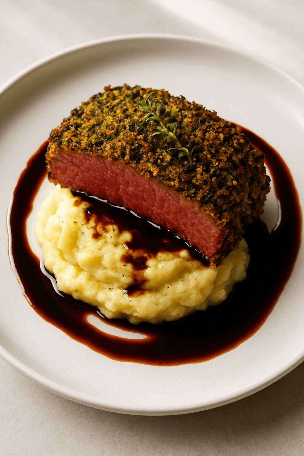 Crispy Herb-Crusted Corned Beef with Roasted Garlic Mashed Potatoes and Honey-Balsamic Glaze