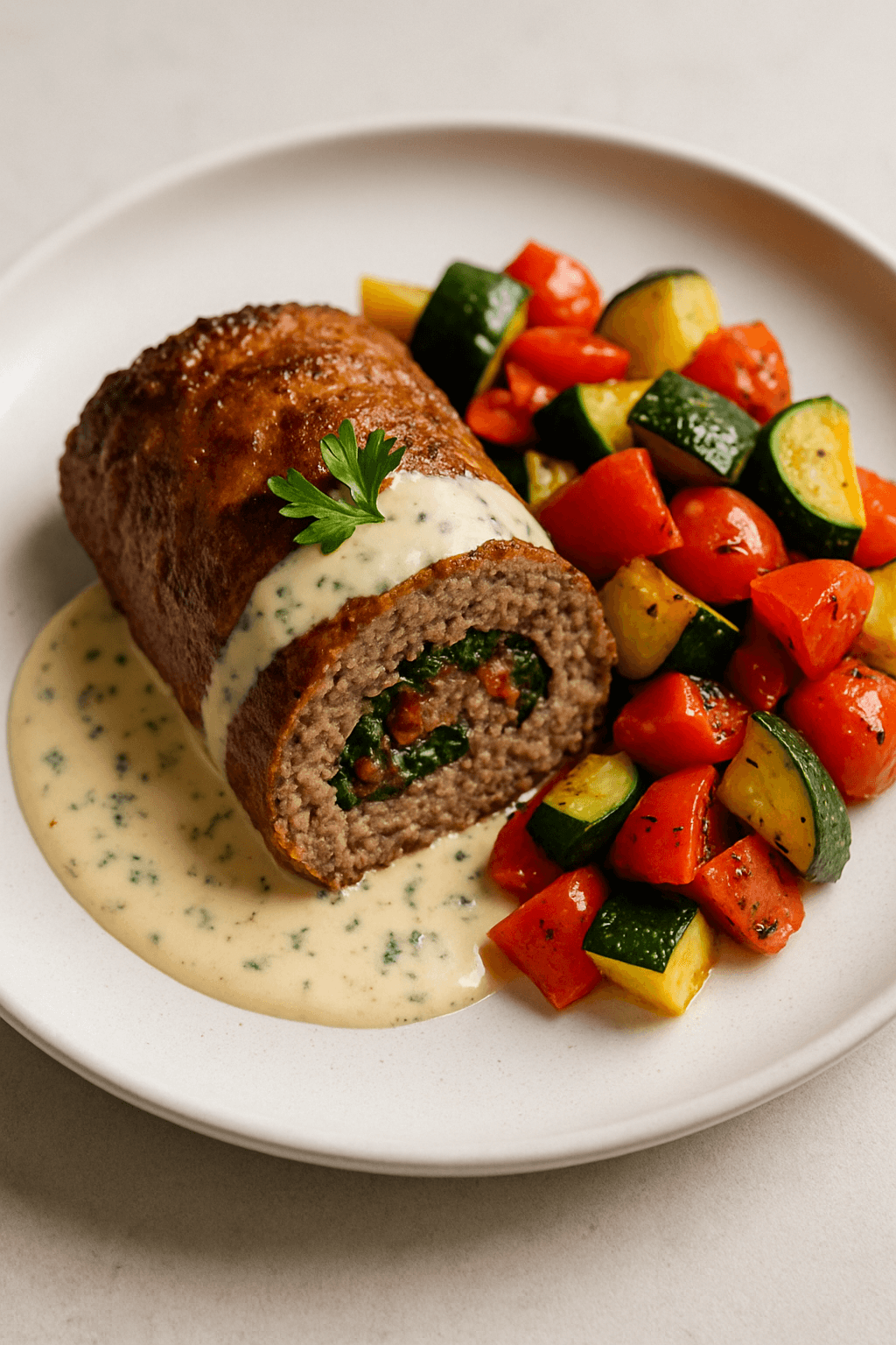 Savory Ground Beef Roulade with Herb-Infused Cream Sauce and Roasted Vegetable Medley