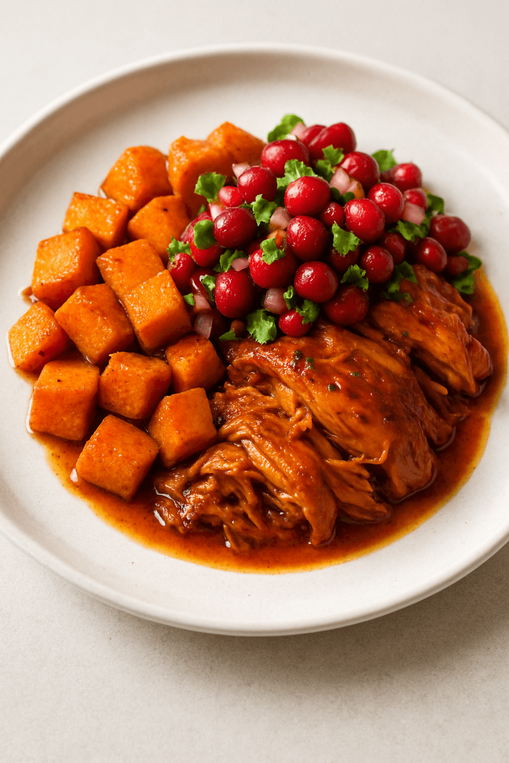 Crock Pot Maple Chipotle Chicken with Sweet Potato and Cranberry Salsa