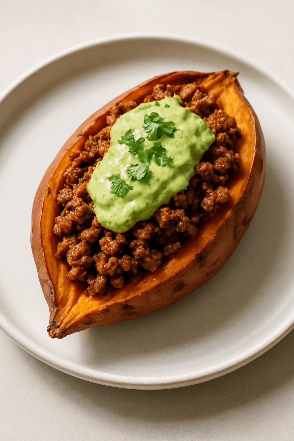 Savory Beef-Stuffed Sweet Potatoes with Spicy Avocado Cream
