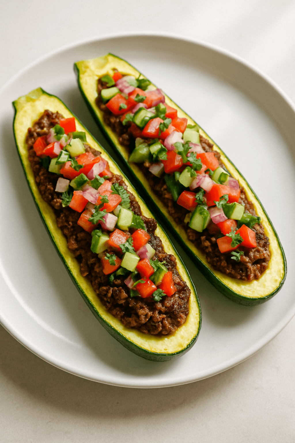 Savory Ground Beef and Quinoa Stuffed Zucchini Boats with Mediterranean Salsa