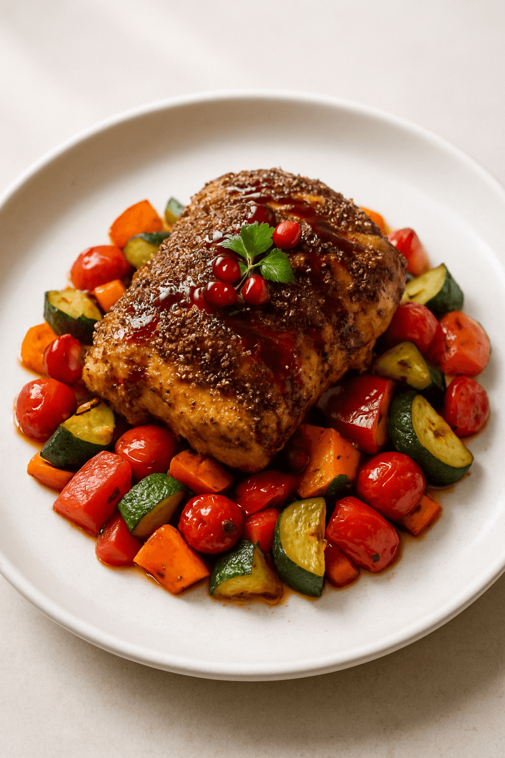 Crispy Za'atar Chicken with Pomegranate Molasses Glaze and Roasted Vegetable Medley