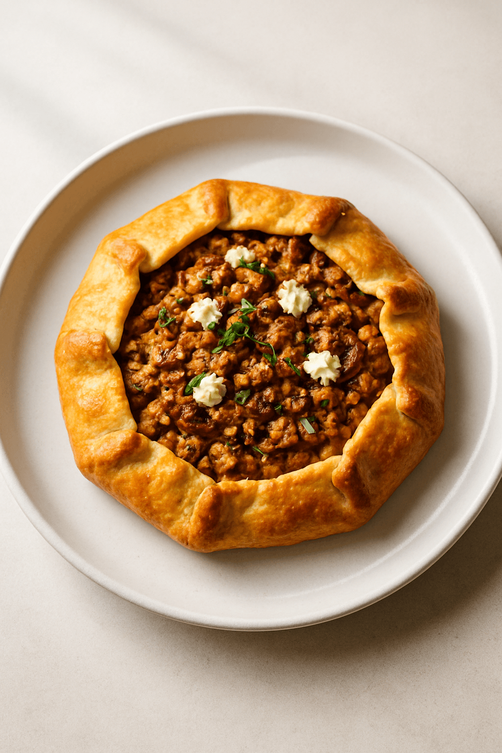 Ground Chicken Galette with Caramelized Shallots and Goat Cheese