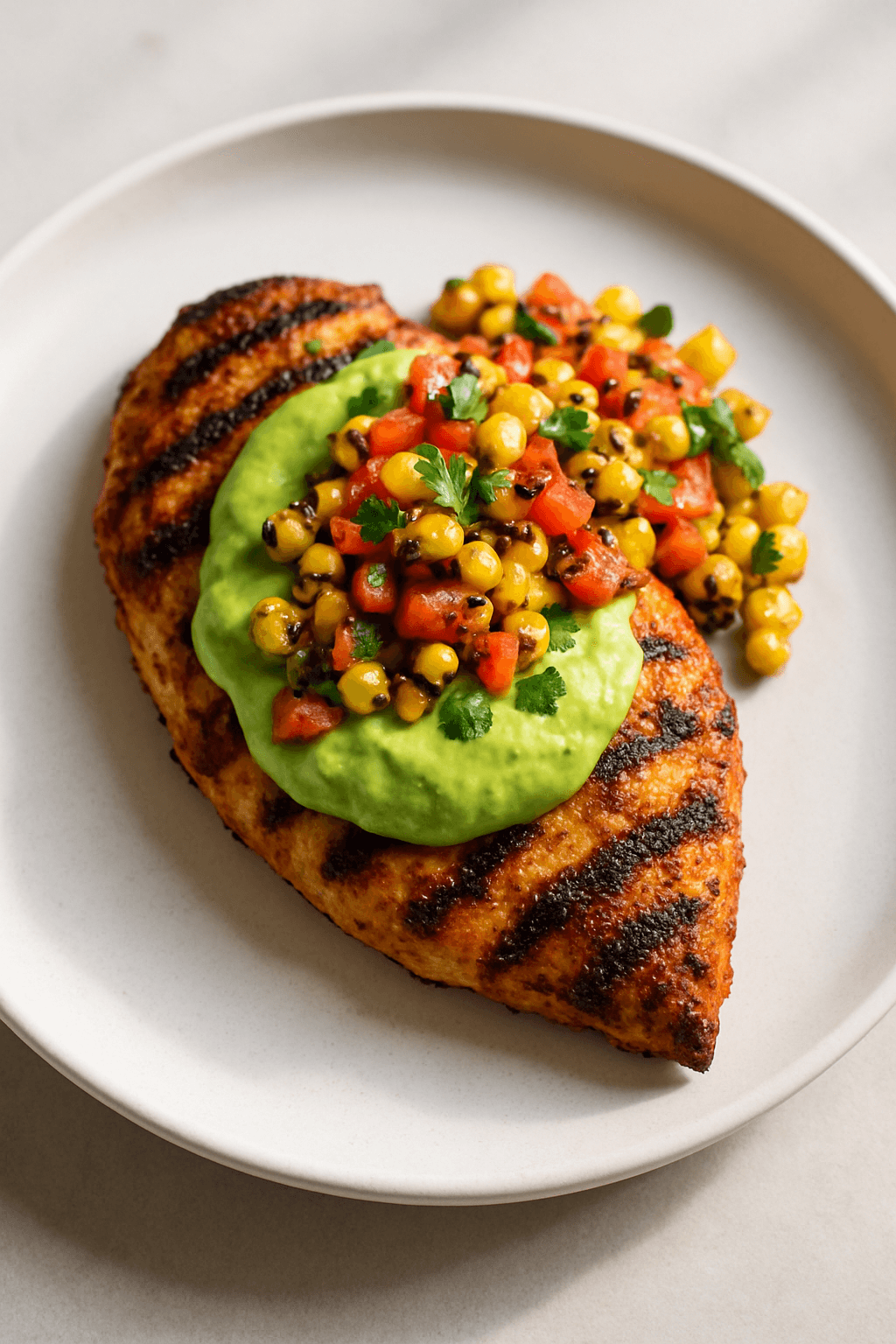 Grilled Chicken with Spicy Avocado-Cilantro Cream and Charred Corn Salsa