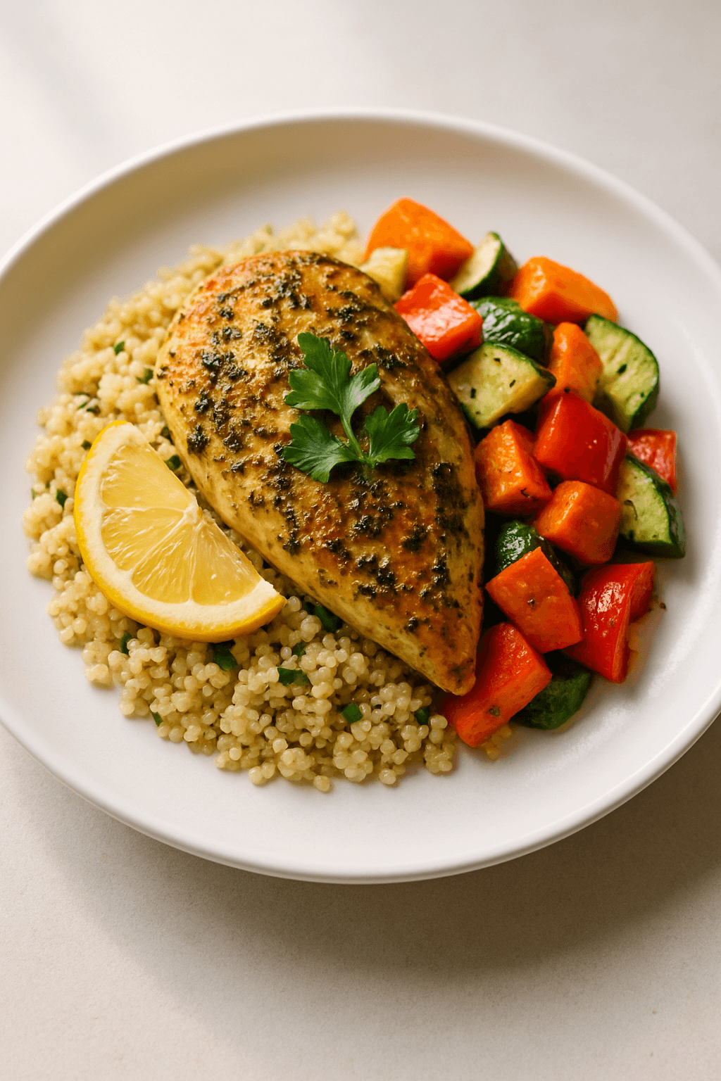 Crispy Herb-Infused Chicken with Roasted Garlic and Lemon Quinoa