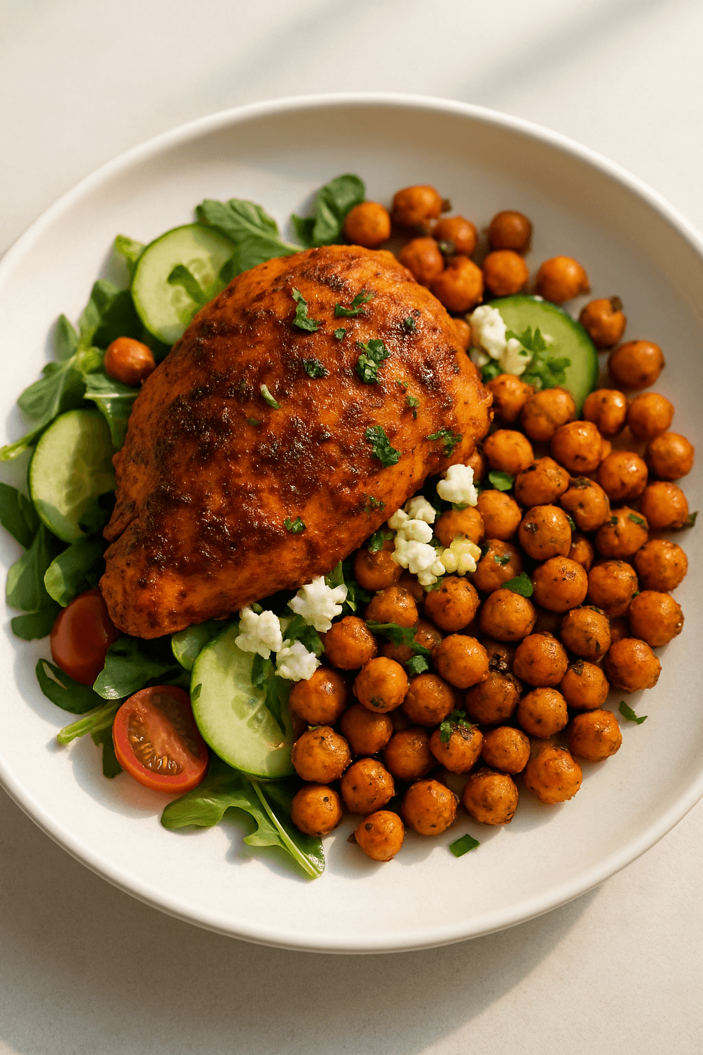 Mediterranean Spiced Baked Chicken with Roasted Chickpeas and Feta