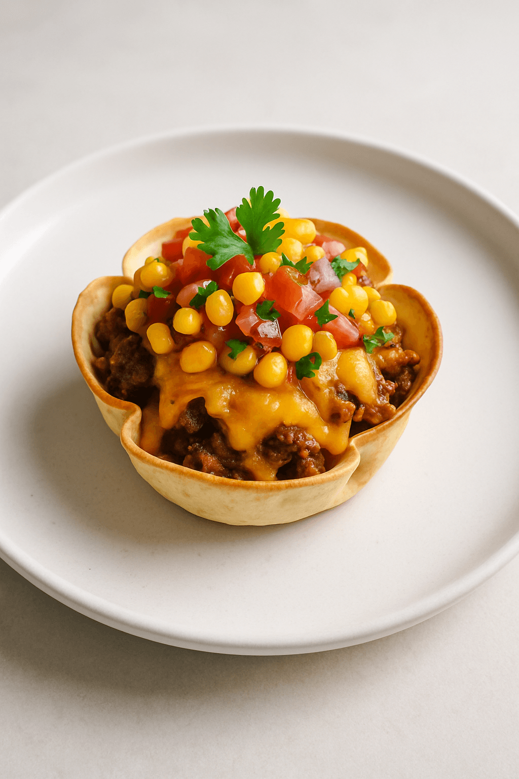 Beefy Cheesy Taco Cups with Sweet Corn Salsa