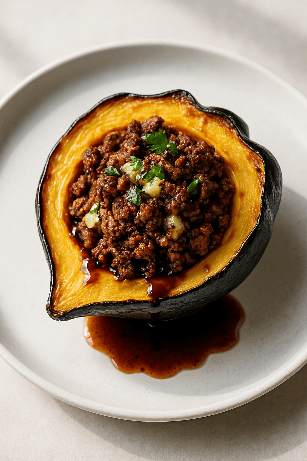 Savory Ground Beef and Blue Cheese Stuffed Acorn Squash with Maple Balsamic Glaze