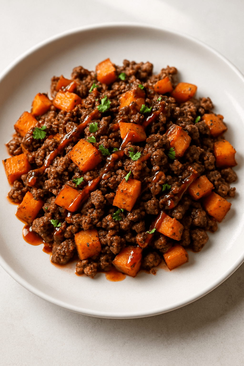 Savory Ground Beef and Sweet Potato Hash with Maple Chipotle Drizzle