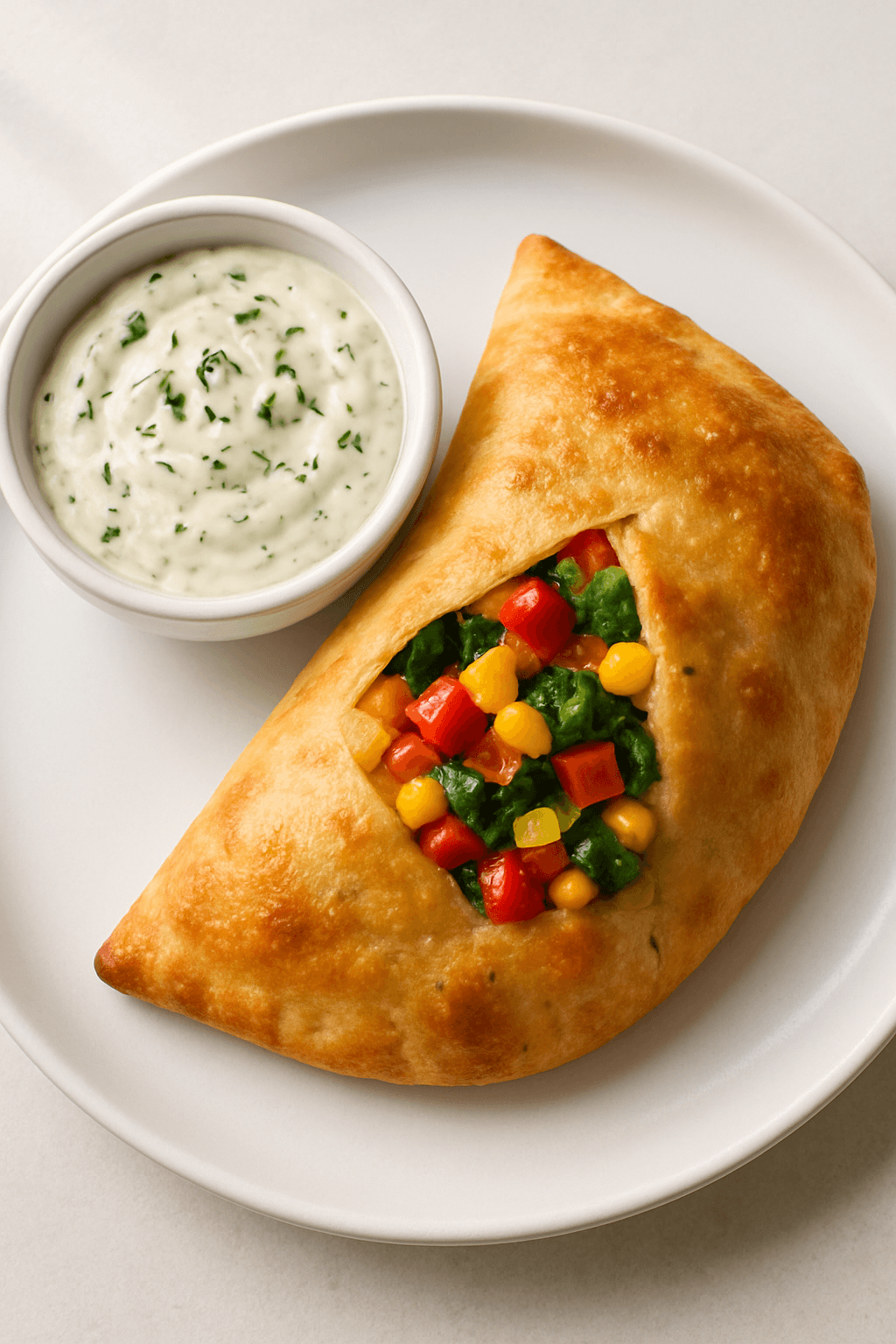 Rainbow Veggie Pizza Pockets with Cheesy Herb Dip