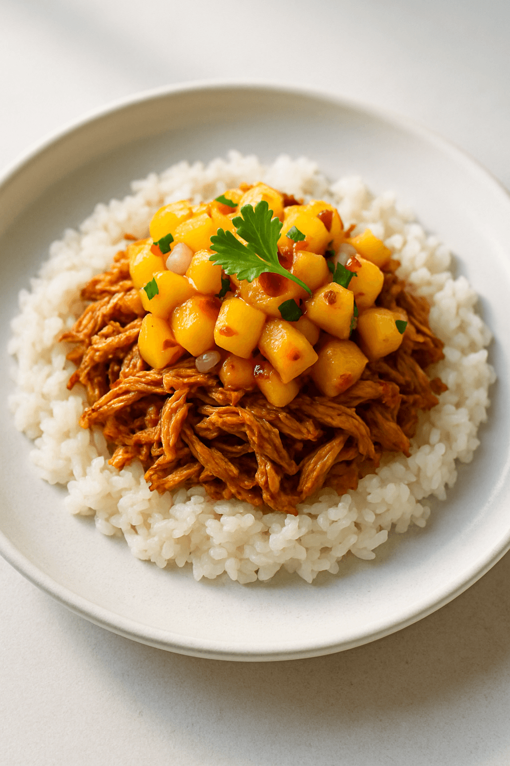 Savory Shredded Chicken with Spicy Mango-Peach Salsa and Coconut Rice