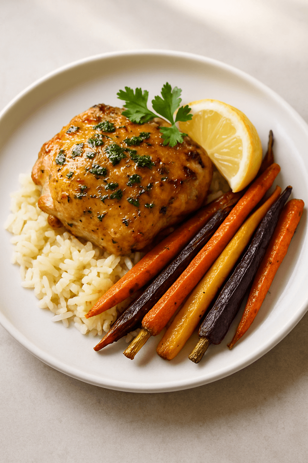 Savory Citrus-Herb Chicken with Garlic-Infused Rice and Roasted Rainbow Carrots