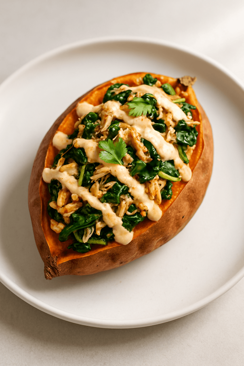 Savory Rotisserie Chicken and Spinach Stuffed Sweet Potatoes with Spicy Yogurt Drizzle