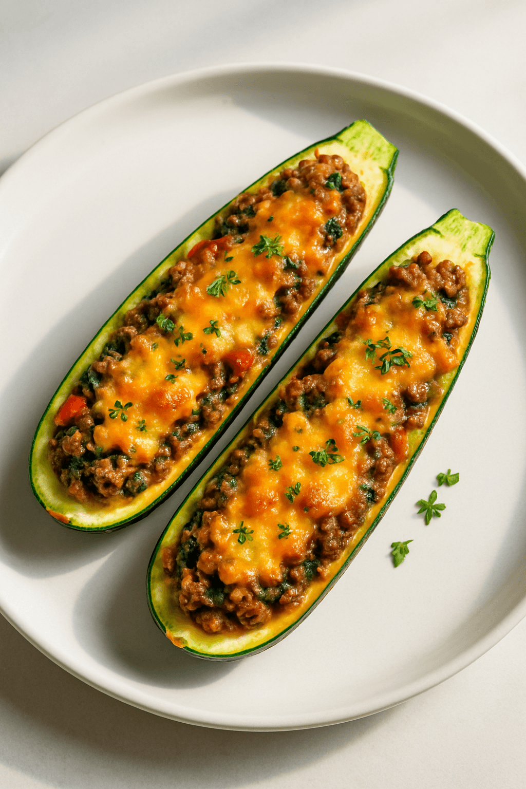 Cheesy Ground Beef and Veggie Stuffed Zucchini Boats