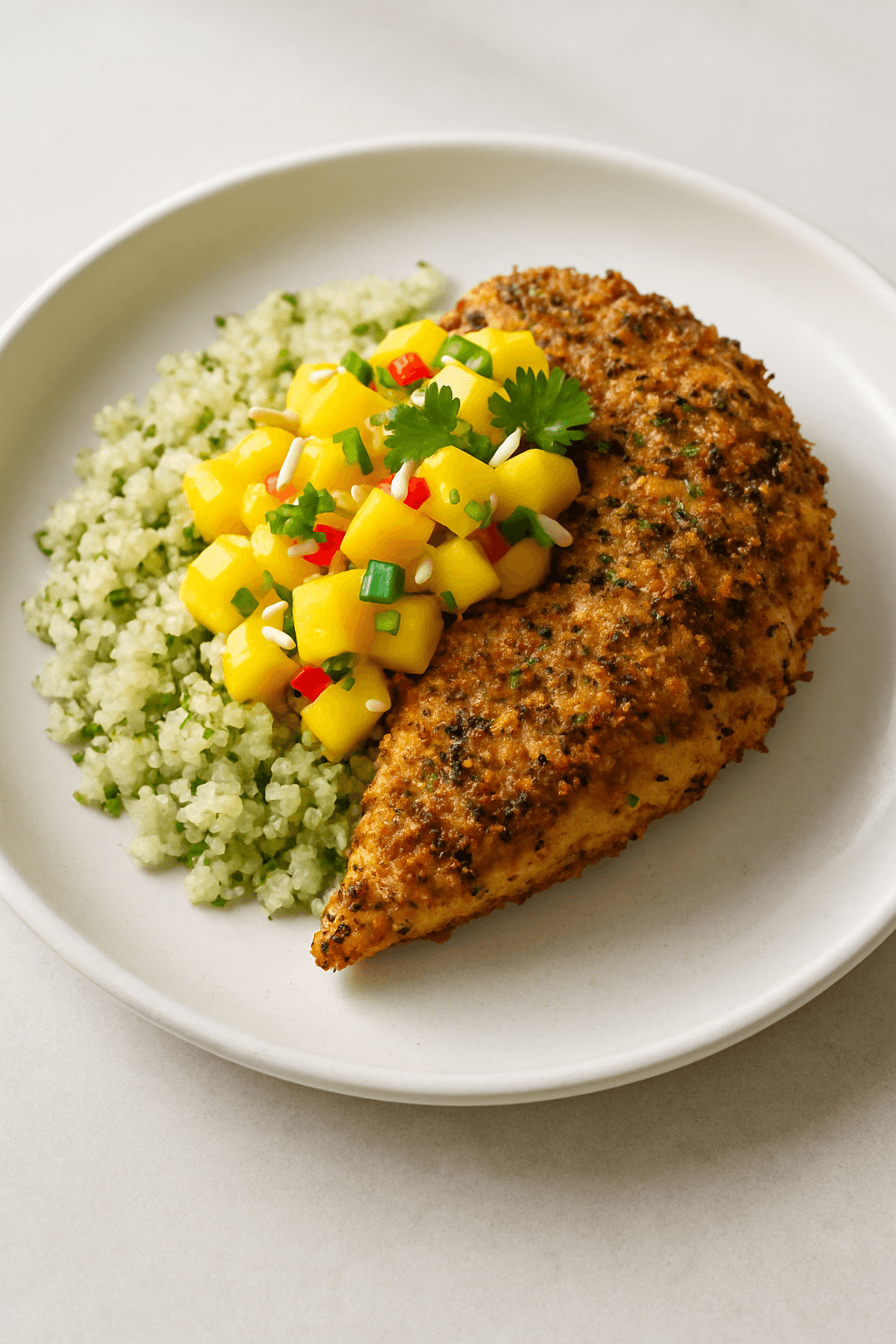 Crispy Herb-Infused Chicken with Spicy Mango-Coconut Salsa and Cilantro-Lime Quinoa