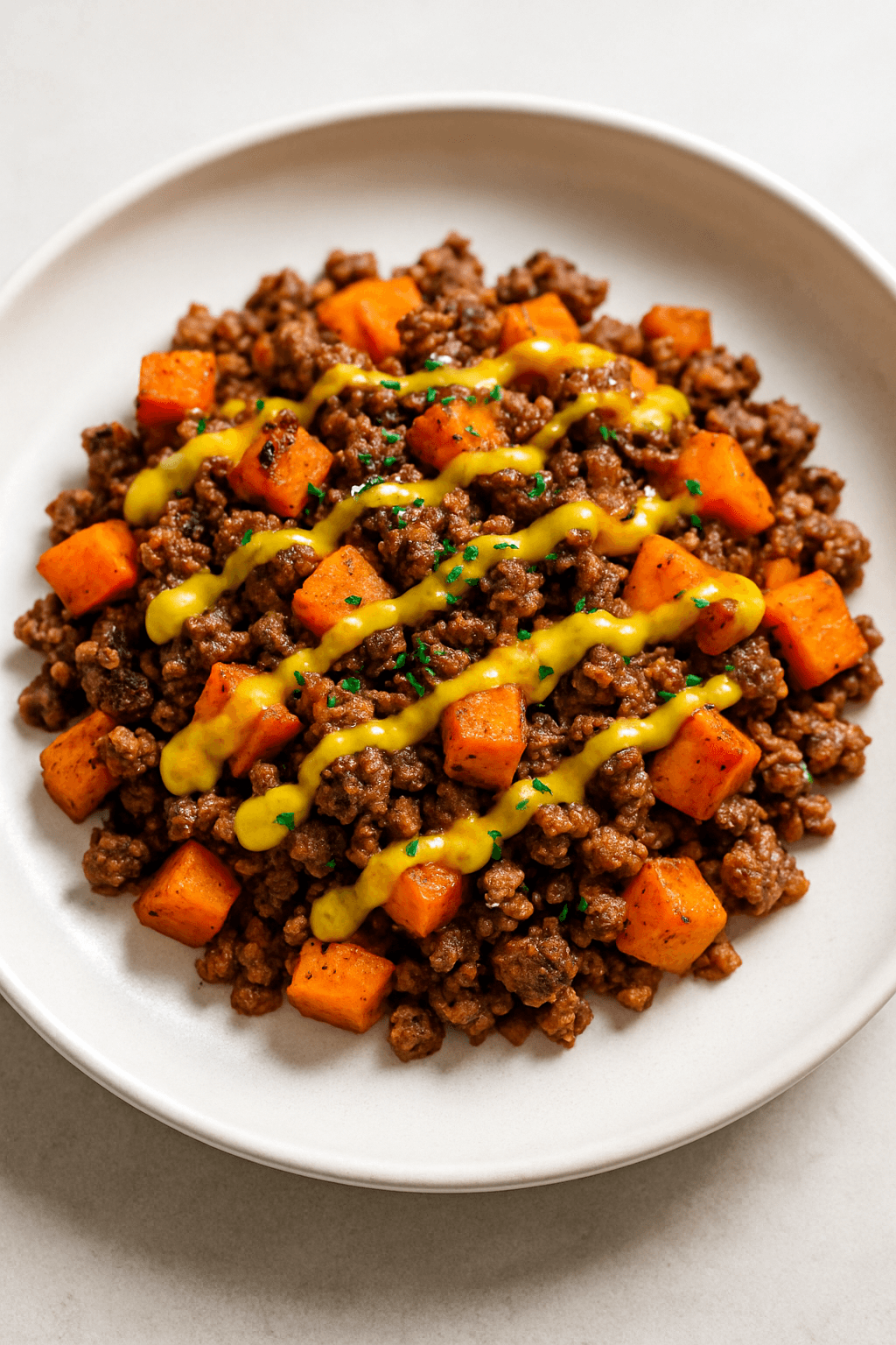 Savory Ground Beef and Sweet Potato Hash with Maple Mustard Drizzle