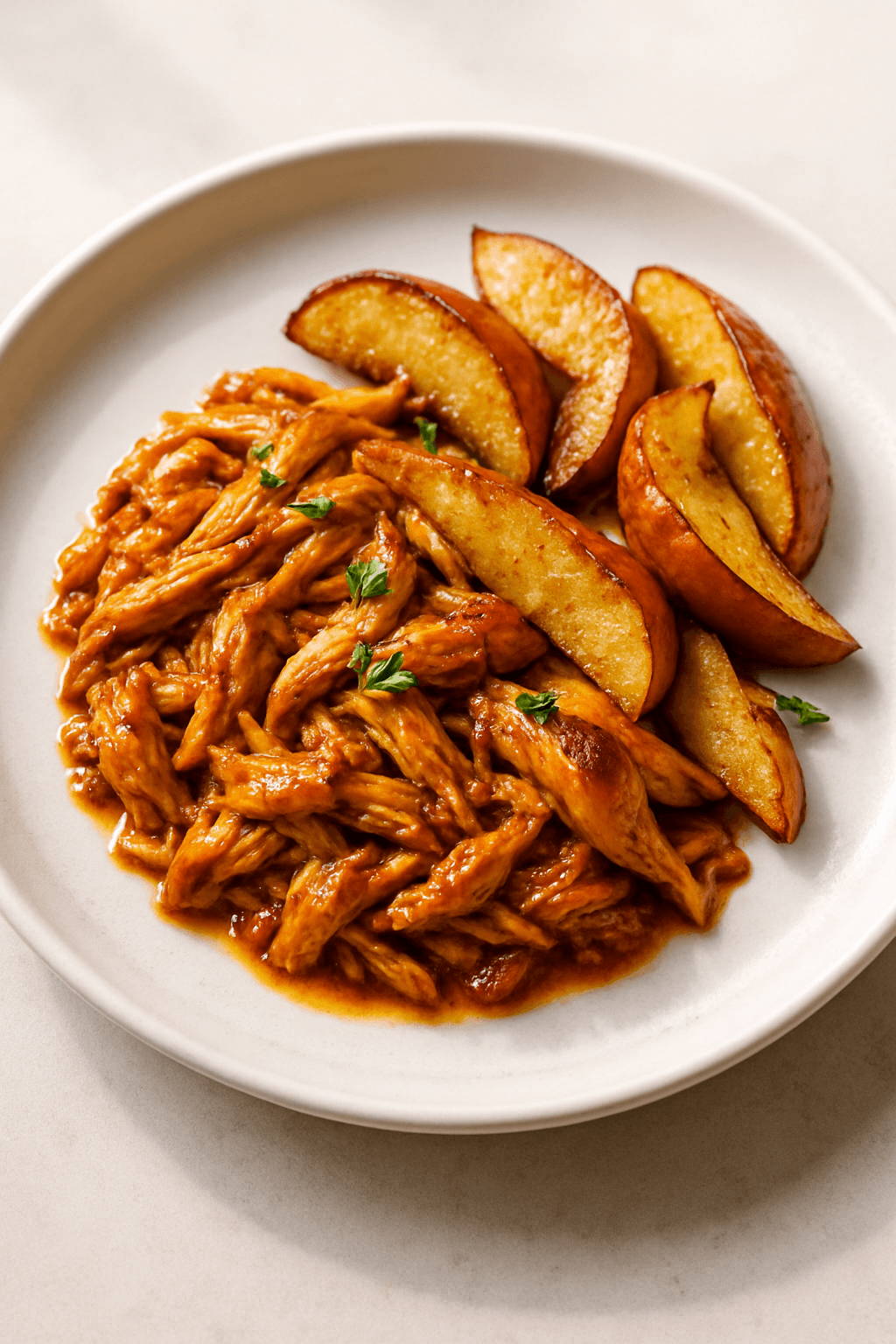 Savory Shredded Chicken with Maple-Mustard Glaze and Roasted Apples