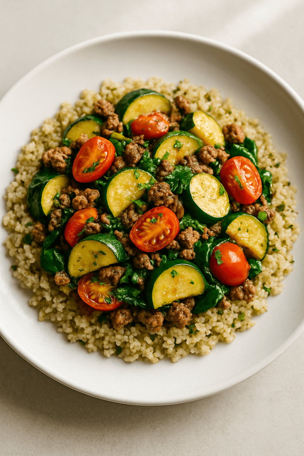 Savory Ground Beef and Seasonal Vegetable Skillet with Herb-Infused Quinoa