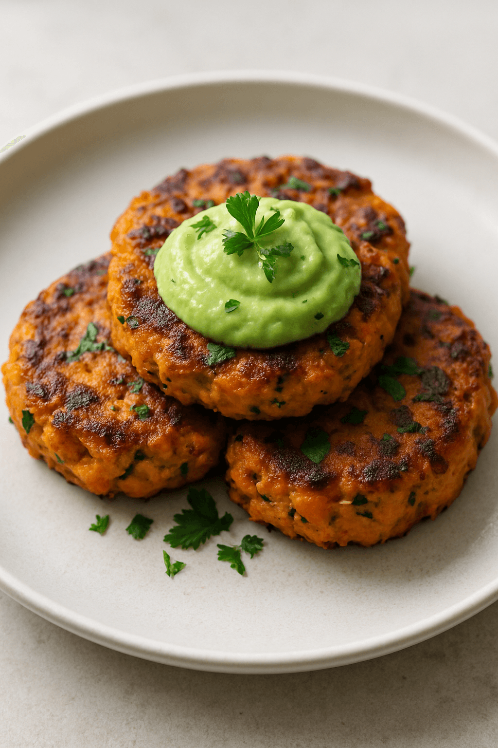 Savory Ground Chicken and Herb-Infused Sweet Potato Cakes with Spicy Avocado Cream