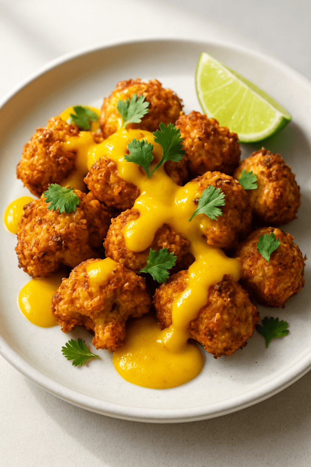 Crispy Air Fryer Coconut-Curry Cauliflower Bites with Mango-Lime Drizzle