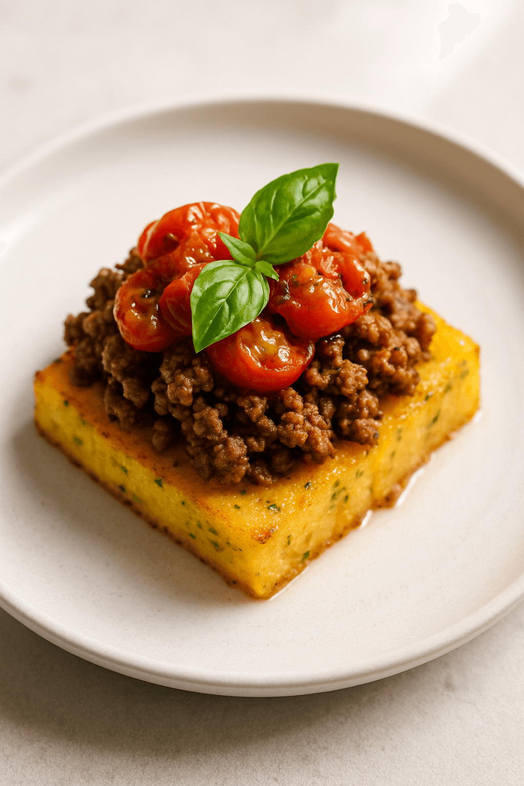 Savory Ground Beef and Herb-Infused Polenta Cakes with Roasted Tomato Salsa