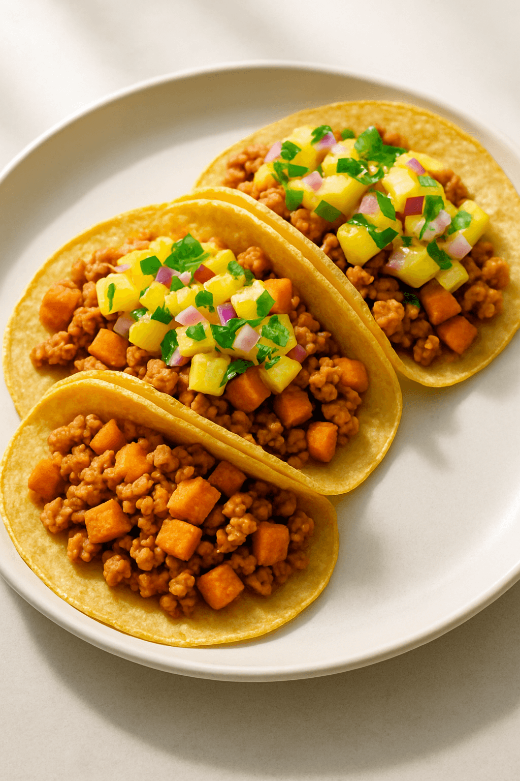 Crispy Ground Chicken and Sweet Potato Tacos with Pineapple Salsa