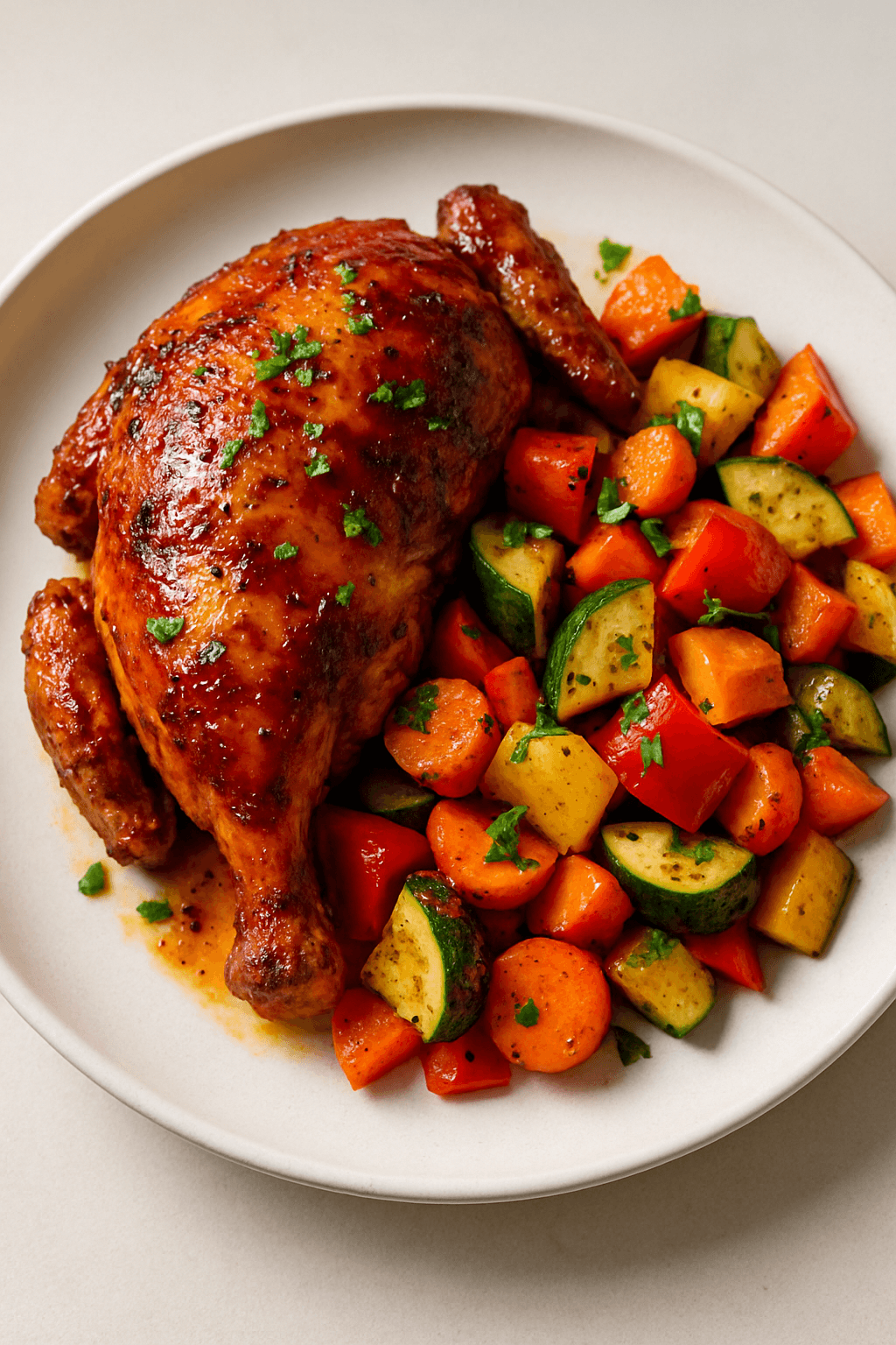 Smoky Maple-Mustard Rotisserie Chicken with Roasted Vegetable Medley