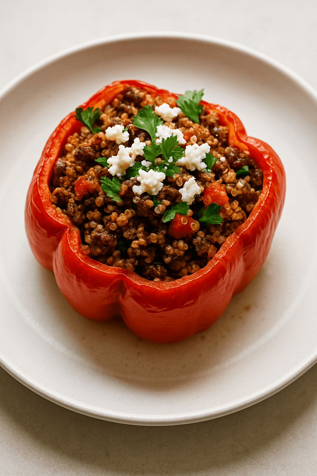Mediterranean Stuffed Bell Peppers with Spiced Ground Beef and Quinoa